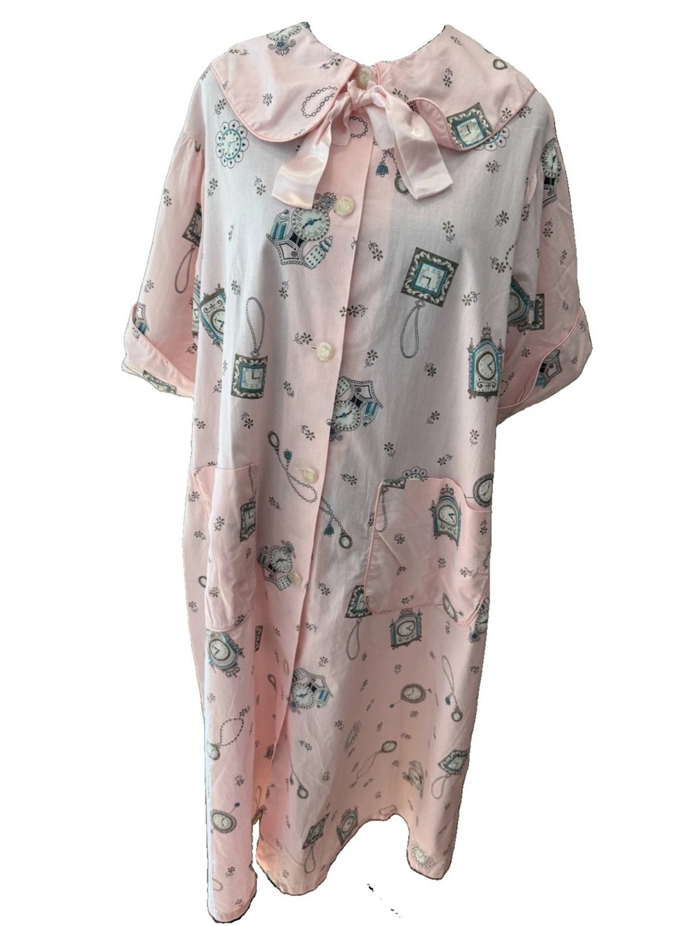 Milgrim ladies rockabilly 1950s housecoat size L Novelty clock print cotton